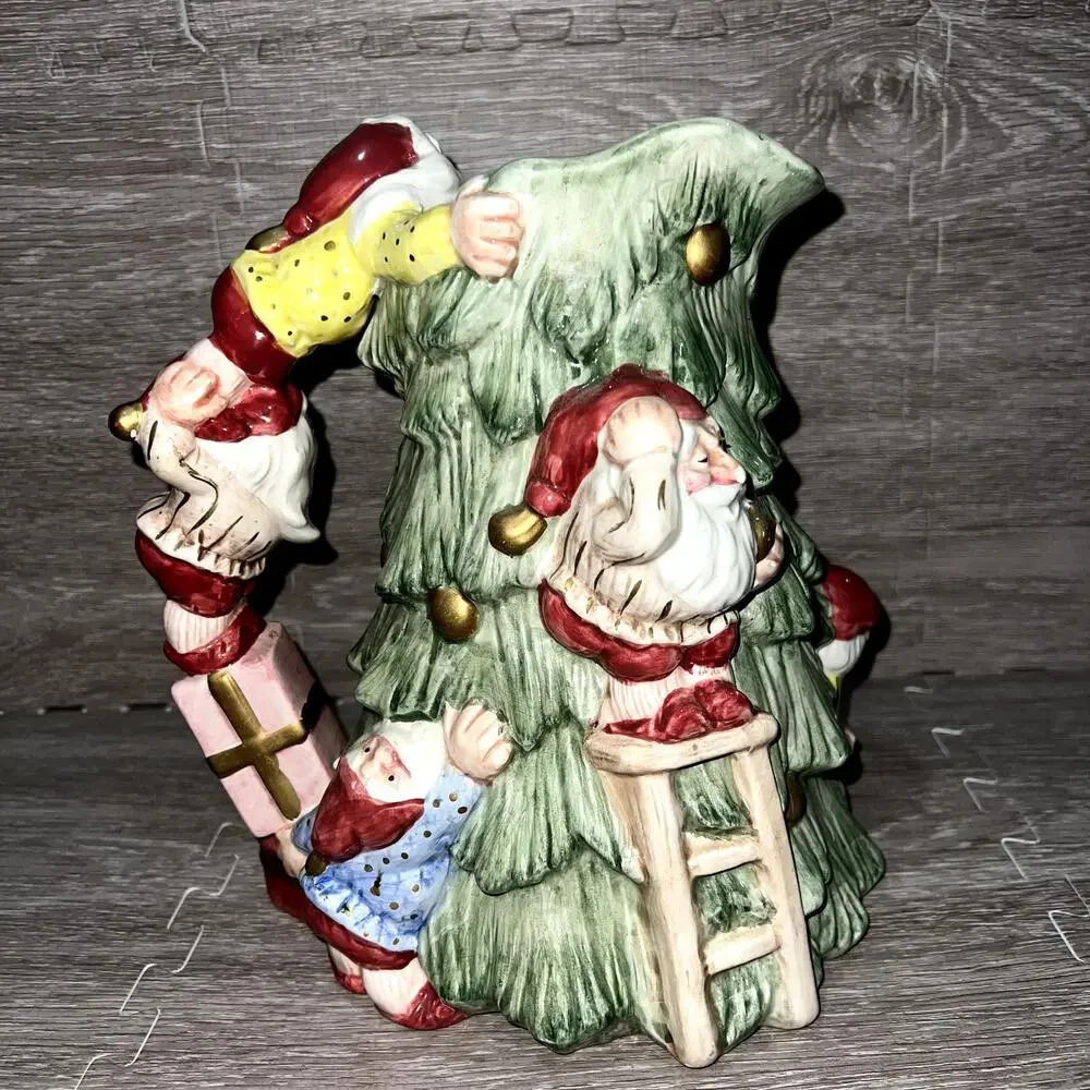 Fitz and Floyd Vintage Christmas Elves Ceramic Pitcher‎ 2 Qt Glossy